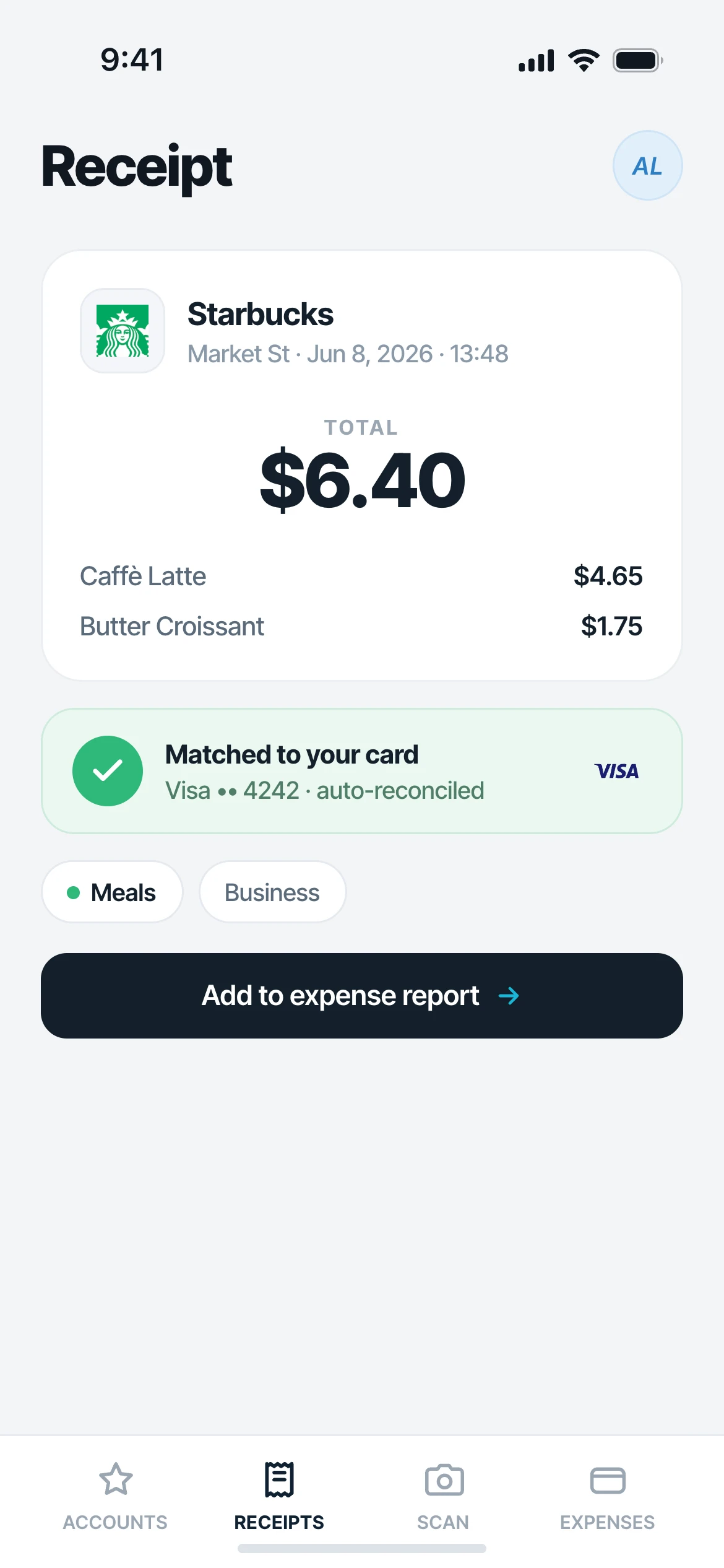 Mylo drafting a reimbursement from an out-of-pocket charge and its receipt
