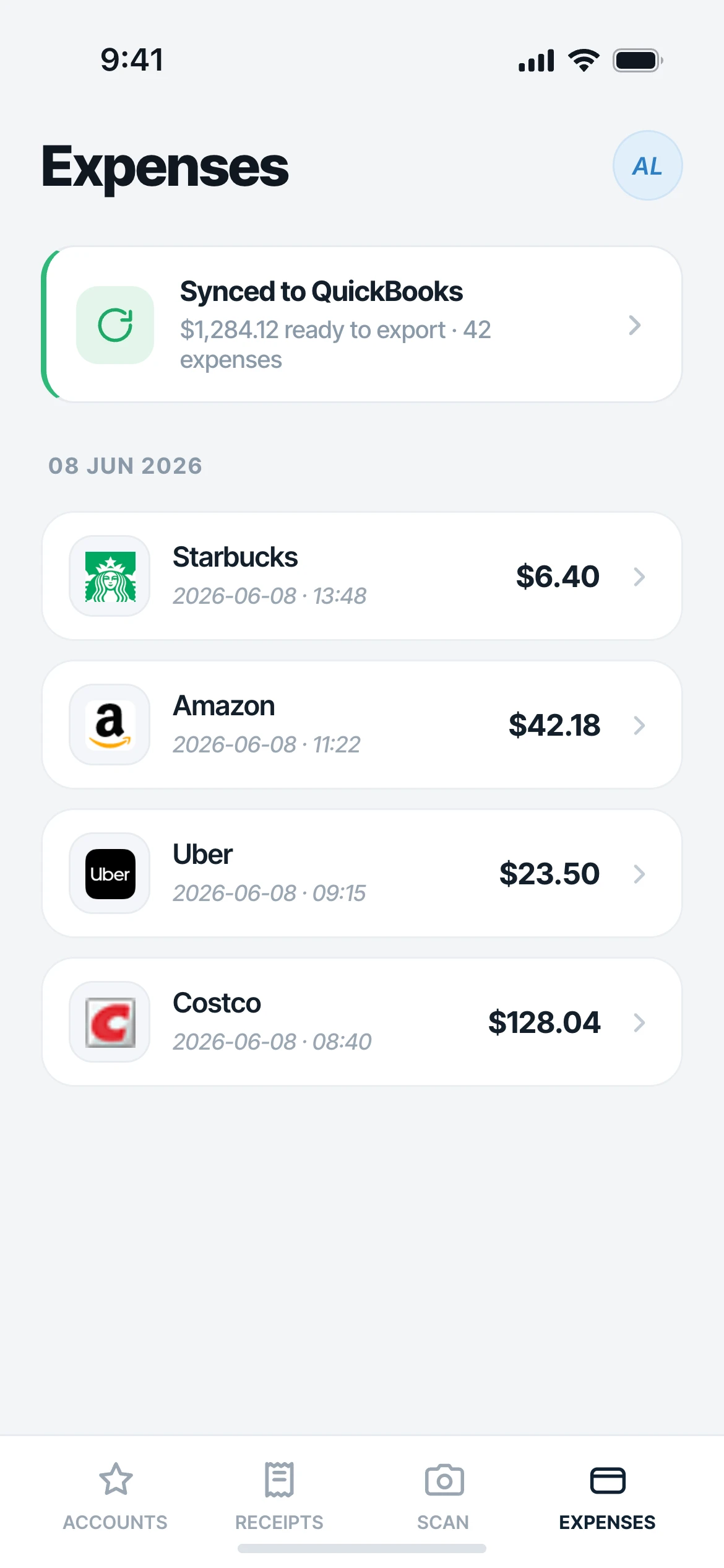 Mylo travel expense report with card charges and receipts gathered for a trip