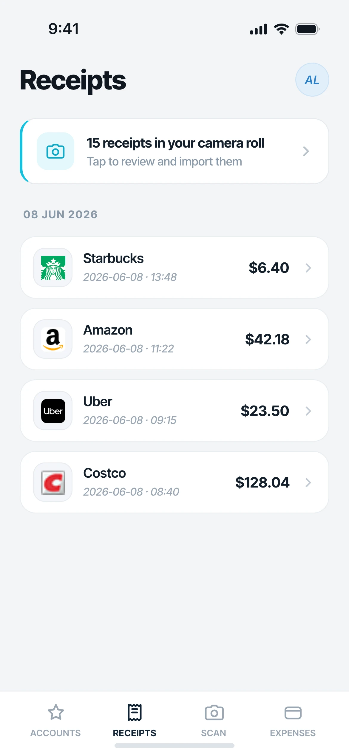 Mylo detecting a trip and gathering its receipts and card charges