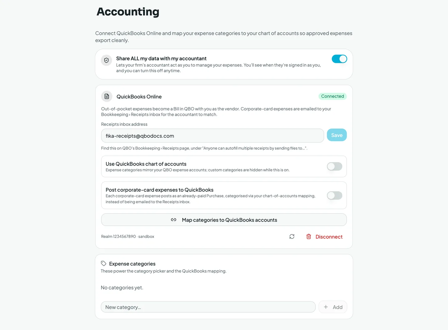 Mylo Accounting settings connecting QuickBooks Online and mapping expense categories to a chart of accounts