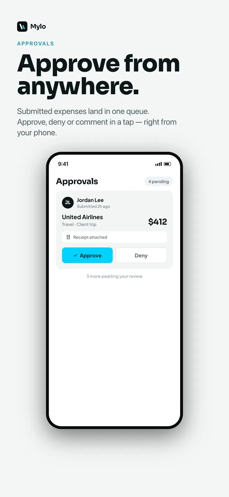 Approvals: submitted expenses land in one queue to approve, deny or comment in a tap from your phone.
