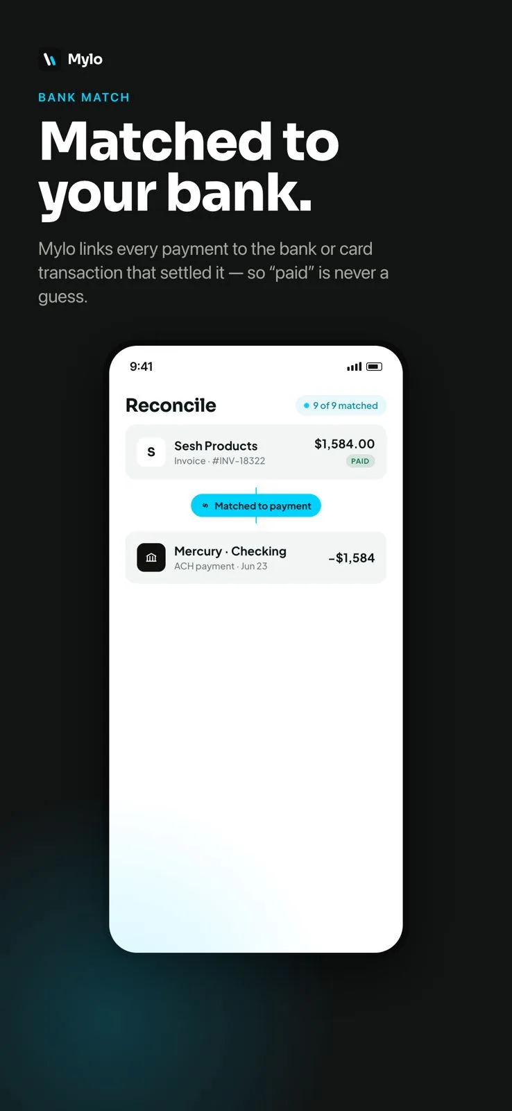 Mylo reconcile screen showing a receipt matched to a bank payment
