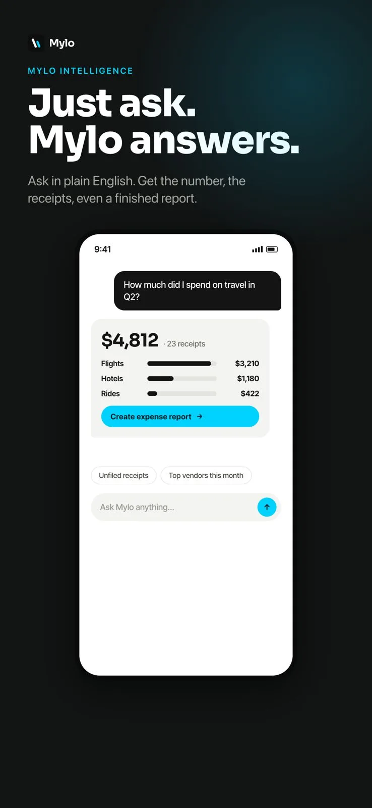 Mylo answering a spending question with a sourced breakdown and a report button